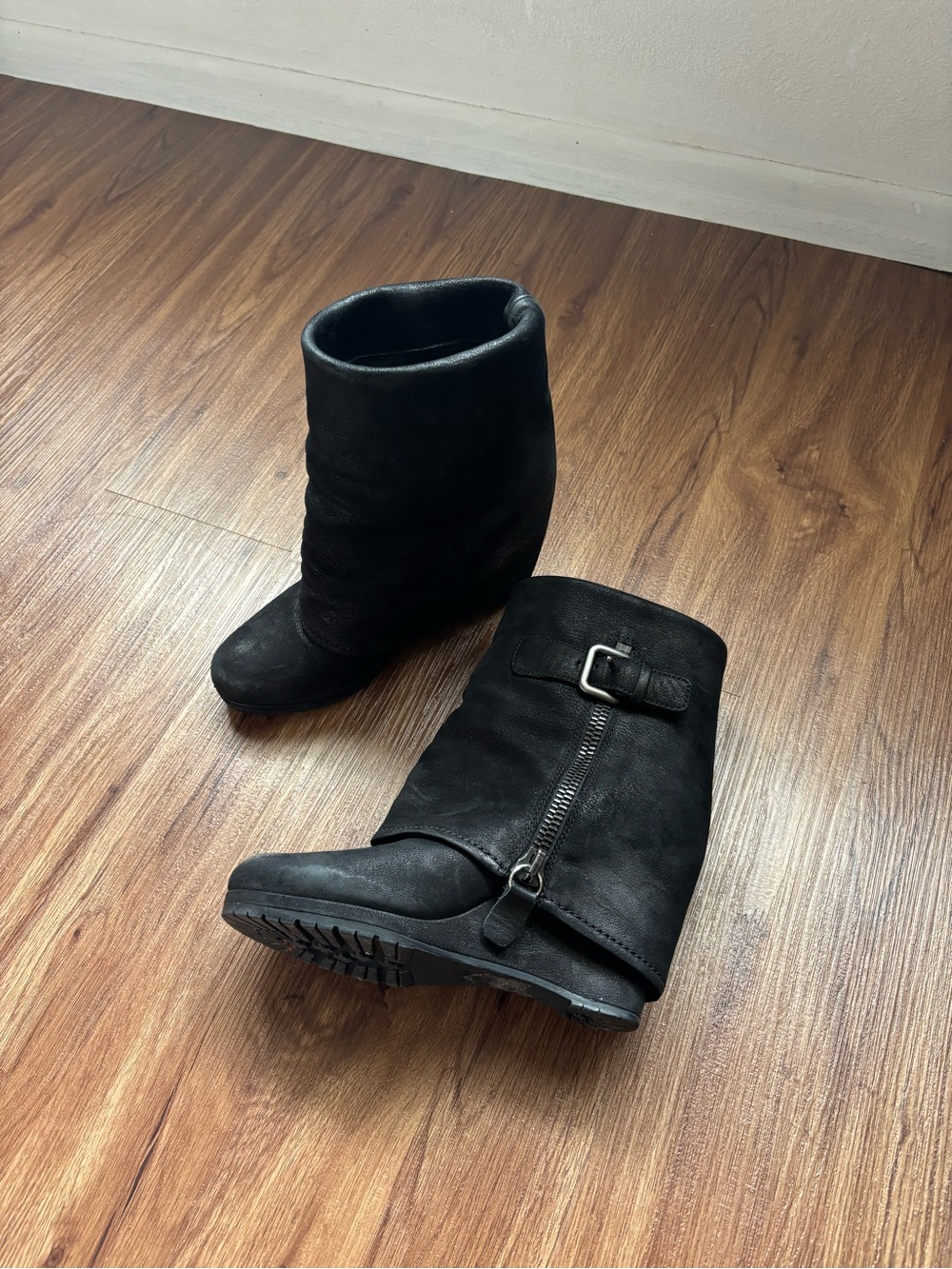 Prada Black Wedge Ankle Boots with Buckle and Side Zip